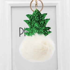 Porte-clés ananas créatif avec feuilles en paillettes vertes et pompon blanc en peluche