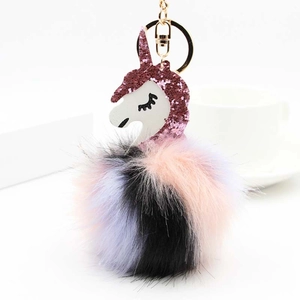 Unicorn plush pompom keychain with pink sequins and multicolor faux fur ball pendant