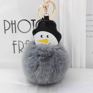 Détail d'un porte-clés bonhomme de neige en fourrure grise avec chapeau et fermoir doré