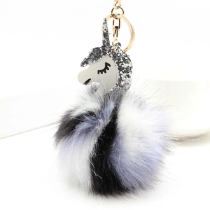Rainbow unicorn faux rabbit fur keychain with silver sequins and fluffy grey plush ball