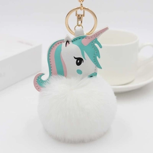 Détail d'un porte-clés licorne en peluche avec pompon en fausse fourrure blanche et fermoir