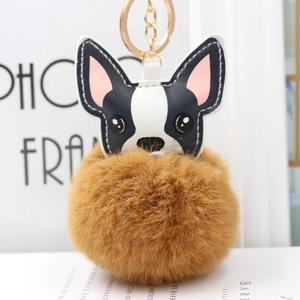 Dettaglio del portachiavi cane in peluche con pompon in ecopelliccia e anello oro