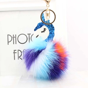 Detail of colorful faux fur pompom with sequined unicorn head and golden keychain