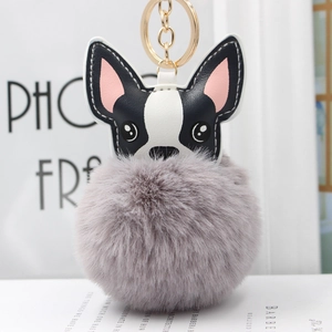 Portachiavi pompon bulldog francese in ecopelliccia con testa in pelle e anello oro