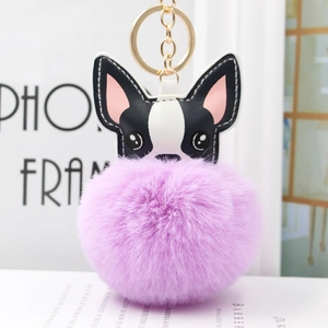 Portachiavi con Pompon in Ecopelliccia di Bulldog Francese per Donna Testa di Cane in Pelle PU Ciondolo Borsa Anello in Lega Oro