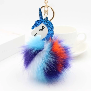 Colorful unicorn fluffy ball keychain with sequins and gold clasp for bags and cars