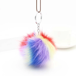 Rainbow faux fur pompom keychain with silver metal ring for handbags and car keys