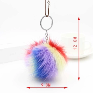Rainbow plush pompom keychain with colorful faux fur and 12cm metal clip for bags