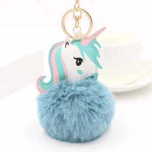 Détail du porte-clés licorne en fausse fourrure bleue avec fermoir en métal doré