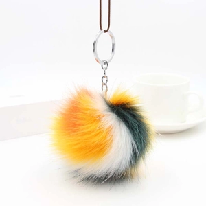 Colorful plush ball keychain with a spiral multi-color design and silver metal ring