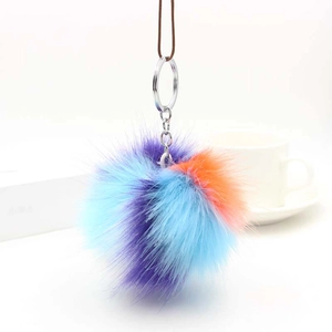 Colorful plush pompom keychain with multicolor fur and silver metal ring for bags