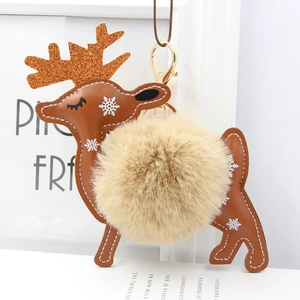 Cartoon Christmas deer keychain with faux rabbit fur pompom and golden metal clasp
