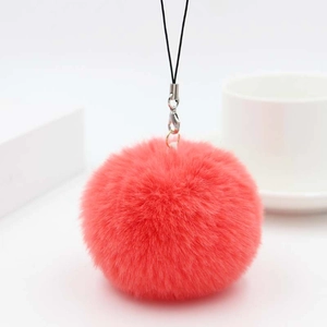 Plush coral pink faux rabbit fur pom pom keychain with lobster clasp for bags and phones