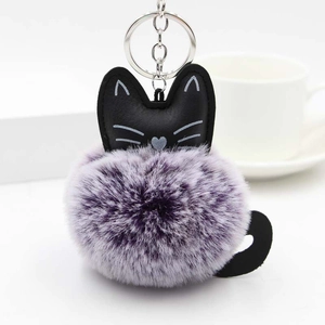 Creative purple faux fur kitten pompom keychain with leather cat ears and silver metal ring