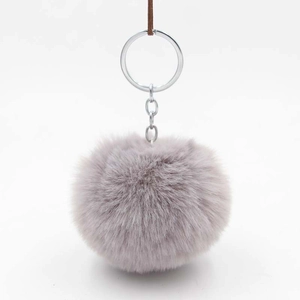 Detailed view of the 8cm fluffy grey-purple faux rabbit fur ball keychain with silver ring