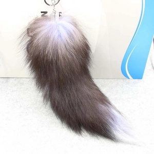 Oversized real fox fur tail keychain with purple grey gradient and silver metal clasp