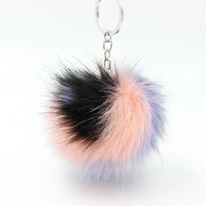 Detail of multi-color plush keychain in black, pink and lavender faux fur texture