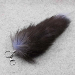Detail of soft purple and blue gradient fur texture on a large fluffy fox tail keychain