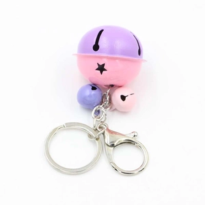Three-bell keychain with pink and purple gradient bells and silver metal lobster clasp