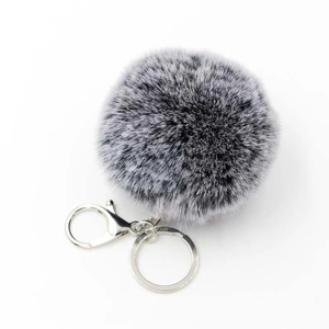 Fluffy faux rabbit fur keychain in grey-black mix with silver lobster clasp and ring