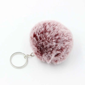 Plush 8cm bicolor pom-pom keychain with silver metal ring and pink purple faux fur