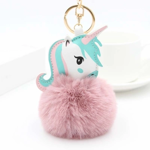 Détail du porte-clés licorne en peluche rose avec fourrure synthétique et anneau doré