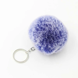 8cm fluffy faux rabbit fur keychain in purple and white gradient with silver ring