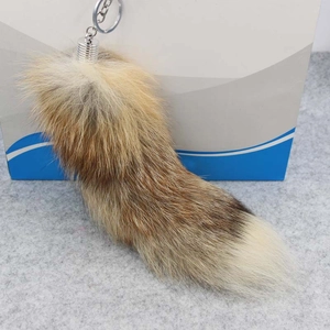 Extra large natural fox tail keychain accessory with silver metal ring for handbags