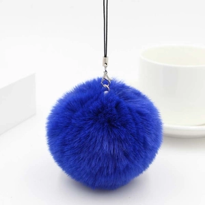 Plush faux rabbit fur ball keychain in deep blue with silver metal lobster clasp