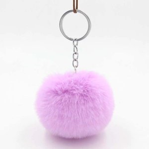 Soft lavender faux fur pom pom keychain with silver metal ring and chain attachment