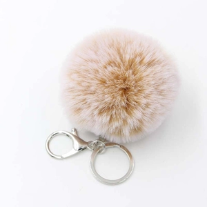 Plush faux rabbit fur pom pom keychain with silver metal ring and lobster clasp