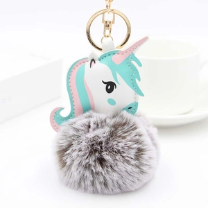 Détail porte-clés licorne avec pompon en fausse fourrure grise et charme en cuir PU