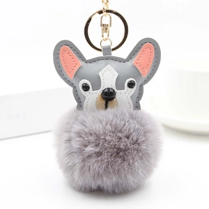 Porte-clés Pompon en Fausse Fourrure Bouledogue Français pour Femme Pendentif de Sac en Peluche Forme de Chien en Simili Cuir