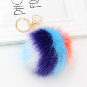Détail d'un porte-clés pompon multicolore en fausse fourrure avec fermoir mousqueton doré