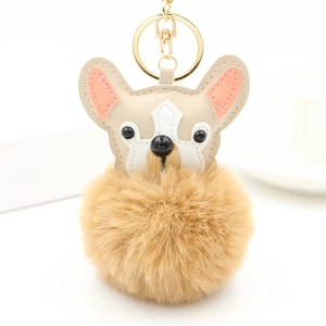 Porte-clés bouledogue français mignon avec pompon en fausse fourrure et anneau doré