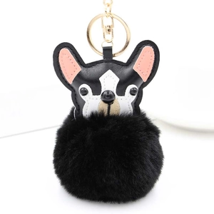 Porte-clés chien bouledogue français en peluche avec pompon noir et fermoir doré