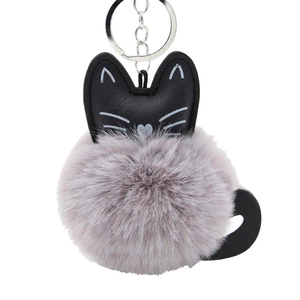 Gray fluffy faux fur cat pom-pom keychain with black leather ears and silver ring chain