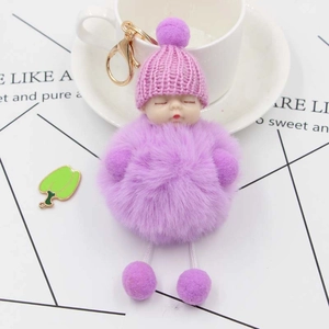 Cute purple plush sleeping baby doll keychain with knitting hat and fur ball charm