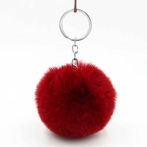 8cm fluffy faux rabbit fur pompom keychain in bright red with silver metal ring