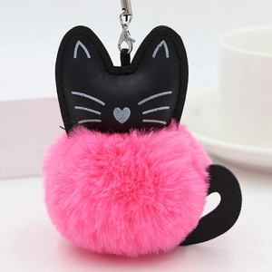 Porte-clés Mignon Chat Flamant en Peluche Boule de Fausse Fourrure Pendentif de Sac en Cuir PU pour Femmes Filles