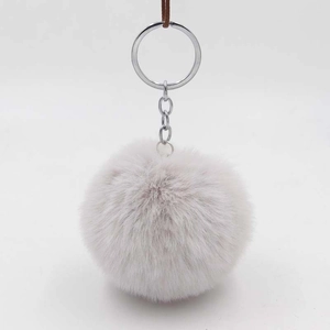 Detailed view of an 8cm light grey faux fur pompom keychain with a silver metal ring