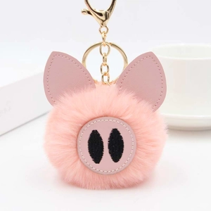 Porte-clés cochon en peluche rose avec pompon doux pour décoration de sac à main