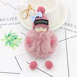 Cartone Animato Carino Neonato Che Dorme Palla di Peluche Portachiavi Con Fiocco a Quadri Cappello a Maglia Per Zaino Borsa Donna Regalo