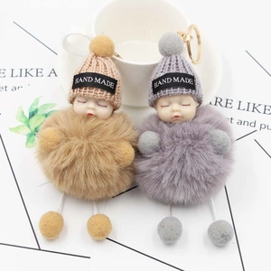Cute Sleeping Baby Plush Fur Ball Keychain Faux Fur Knitted Hat Doll Pendant For Women Girls Bag Charm Accessory Gift