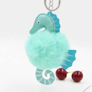 Creative plush seahorse keychain with mint green fluffy pom pom and silver metal ring