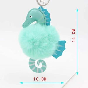 Creative mint green seahorse plush keychain with soft faux fur and leather details