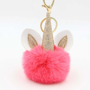 Pink plush unicorn keychain with golden horn and metal clip for handbag decoration