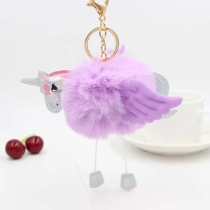 Détail du porte-clés licorne en peluche violette avec des ailes argentées