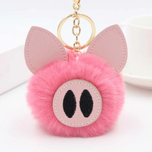 Porte-clés Cochon Pompon Mignon Boule de Peluche Pendentif de Sac Avec Oreilles en Cuir PU Alliage pour Femmes Filles