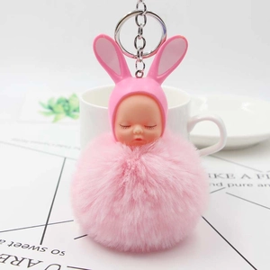 Cute Sleeping Baby Rabbit Plush Ball Keychain For Women Bag Charm Soft Faux Fur Pom Pom Key Ring Car Pendant Jewelry Gift
